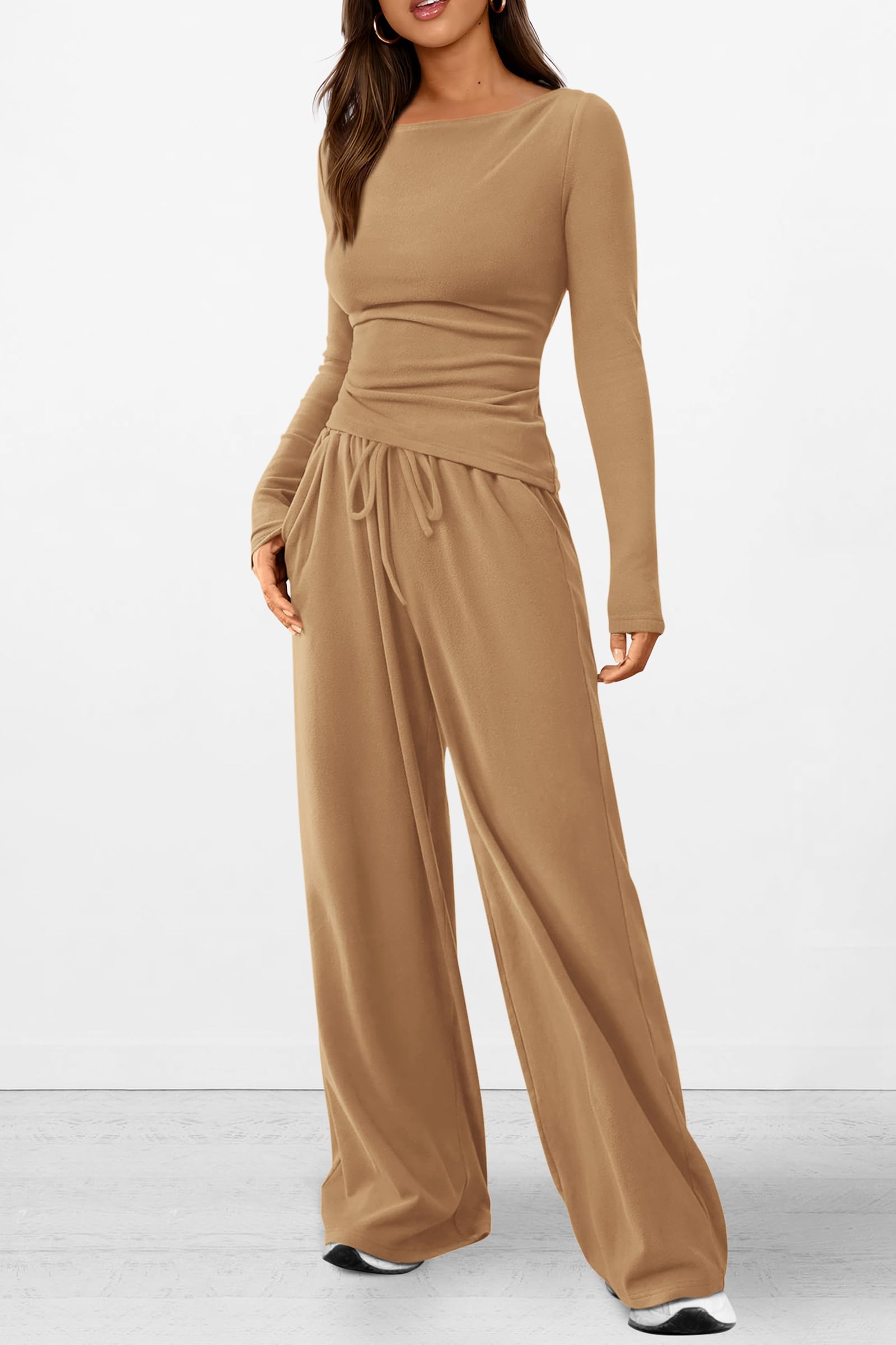 PRETTYGARDEN Women's 2 Piece Lounge Sets Asymmetrical Long Sleeve T Shirt Wide Leg Pants Casual Outfits Tracksuit