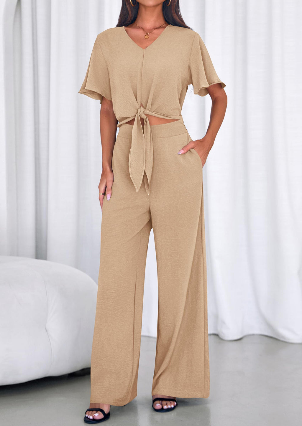 PRETTYGARDEN Women 2 Piece Summer Outfits Short Sleeve Strappy Top Wide Leg Pants Tracksuit Lounge Sets Beach Clothes