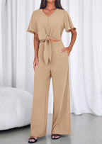 PRETTYGARDEN Women 2 Piece Summer Outfits Short Sleeve Strappy Top Wide Leg Pants Tracksuit Lounge Sets Beach Clothes