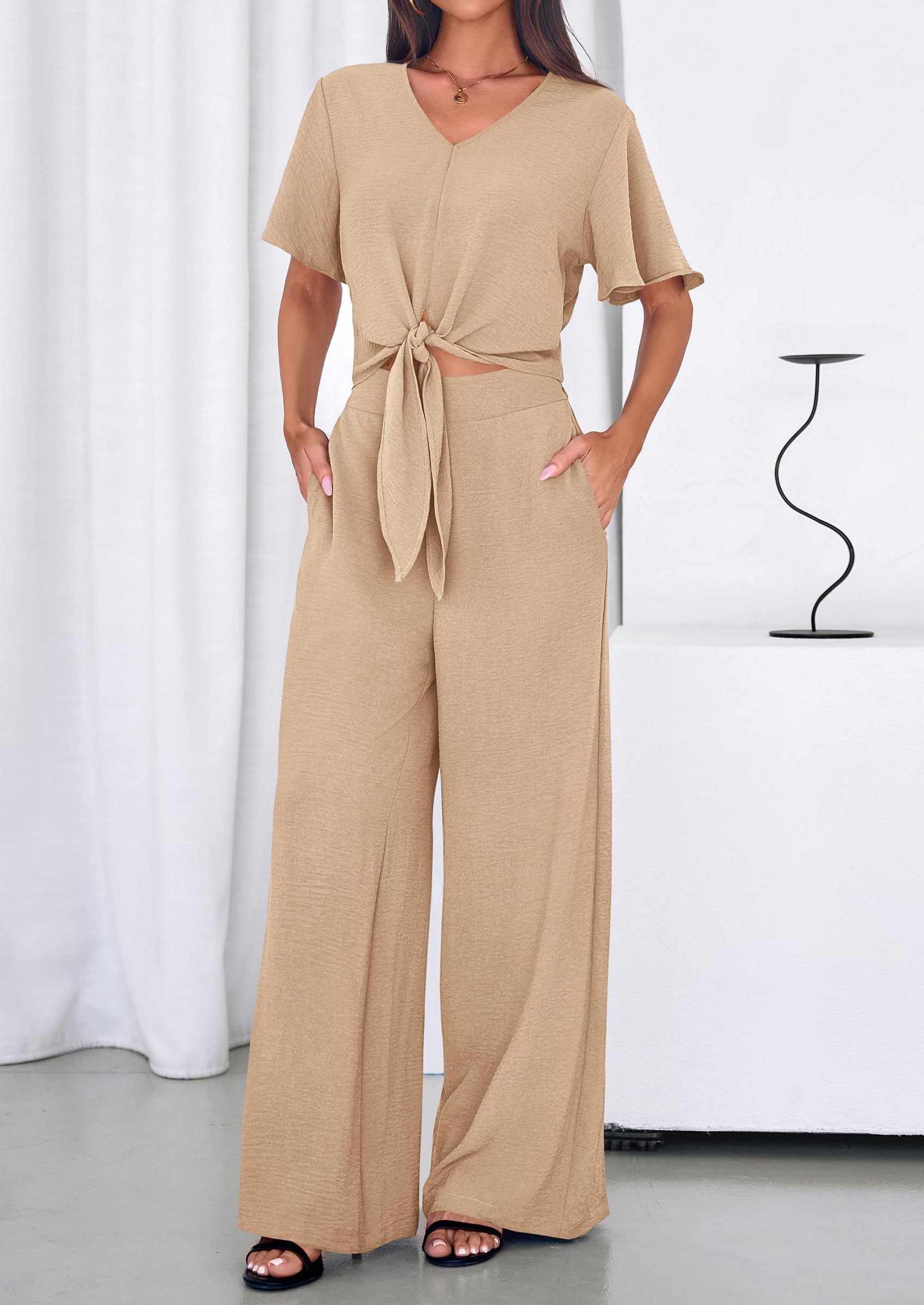 PRETTYGARDEN Women 2 Piece Summer Outfits Short Sleeve Strappy Top Wide Leg Pants Tracksuit Lounge Sets Beach Clothes