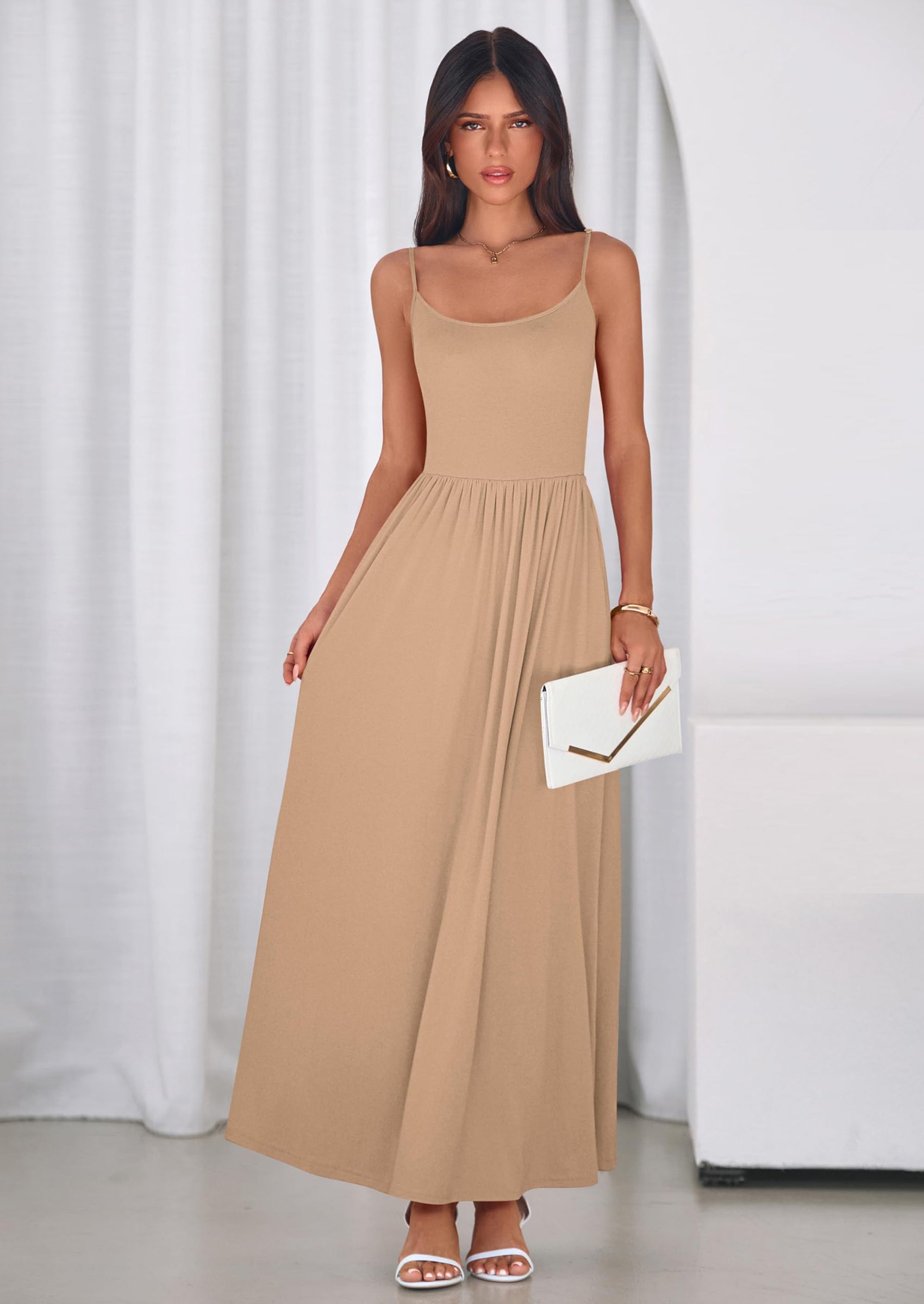 PRETTYGARDEN Womens Spaghetti Strap Maxi Dresses Sleeveless Summer Dress Long Casual Knit Flowy Beach Sundresses with Pockets