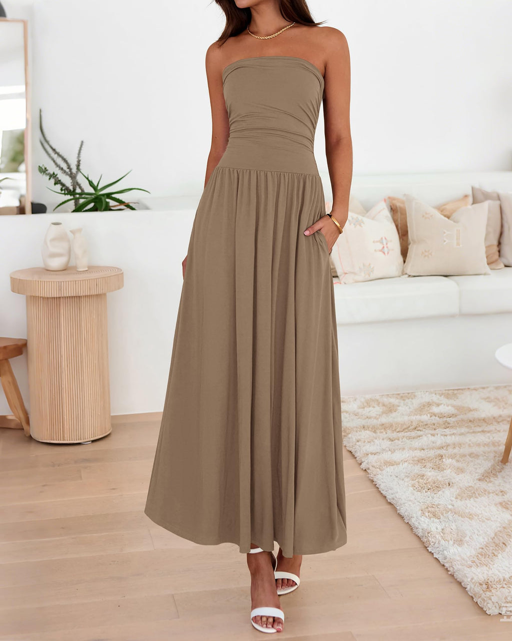BTFBM Summer Maxi Dresses for Women Strapless Ruched Tube Top Beach Vacation Spring Wedding Guest Dress Pockets
