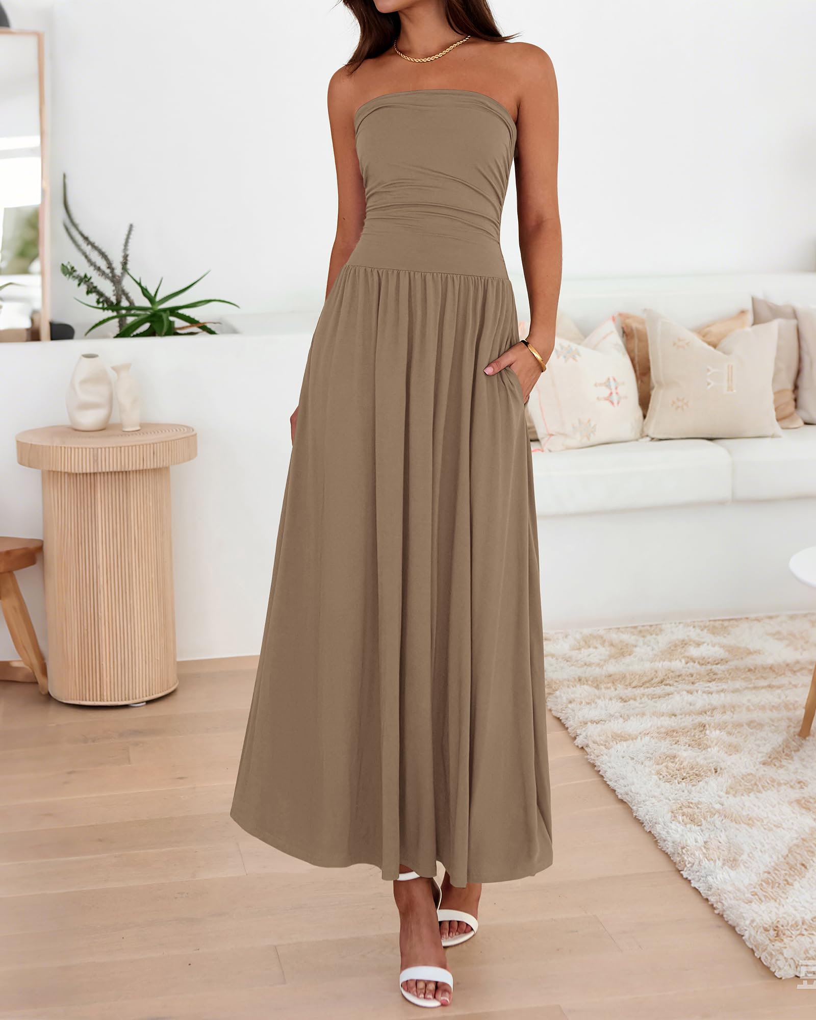 BTFBM Summer Maxi Dresses for Women Strapless Ruched Tube Top Beach Vacation Spring Wedding Guest Dress Pockets