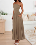 BTFBM Summer Maxi Dresses for Women Strapless Ruched Tube Top Beach Vacation Spring Wedding Guest Dress Pockets