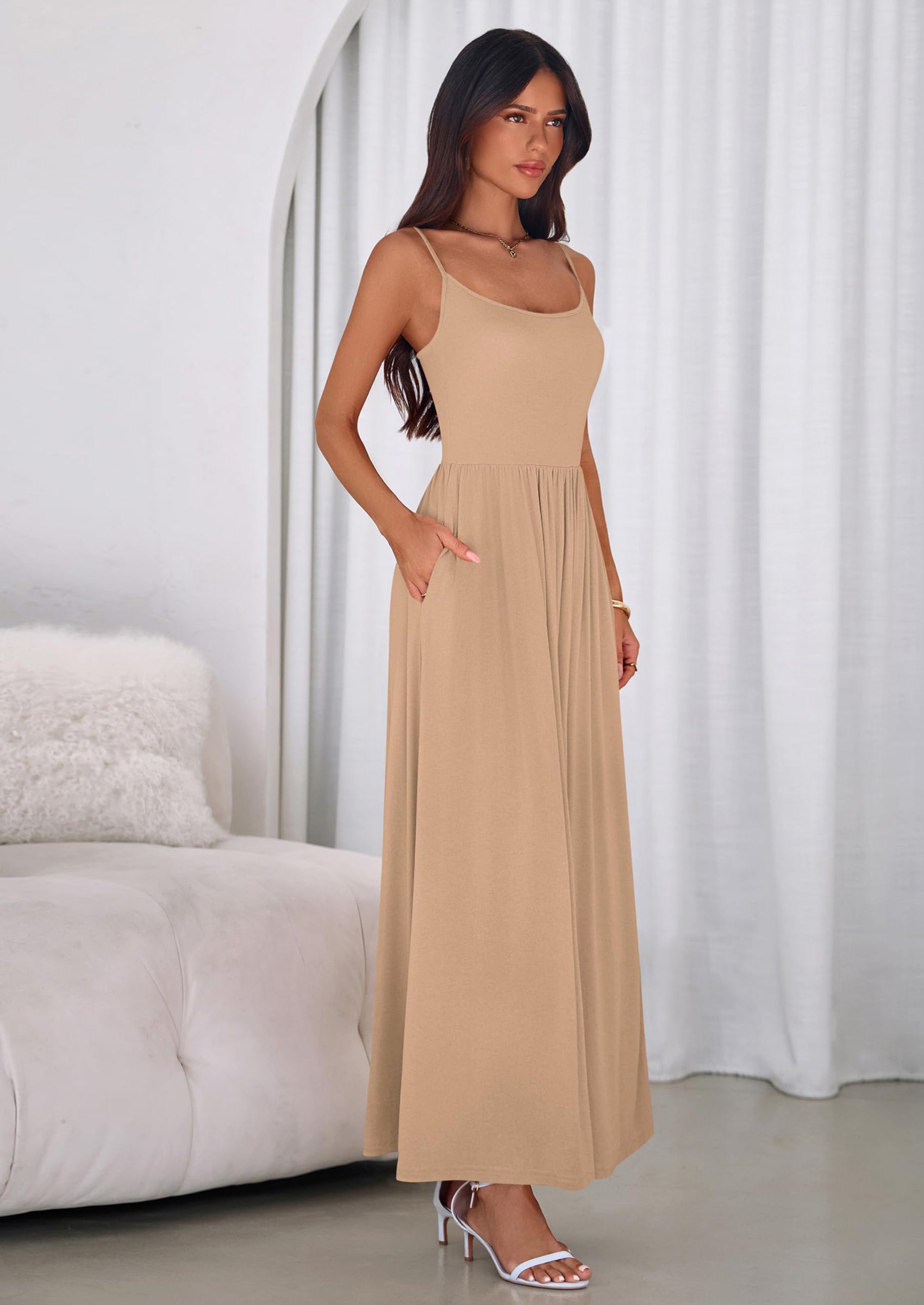 PRETTYGARDEN Womens Spaghetti Strap Maxi Dresses Sleeveless Summer Dress Long Casual Knit Flowy Beach Sundresses with Pockets