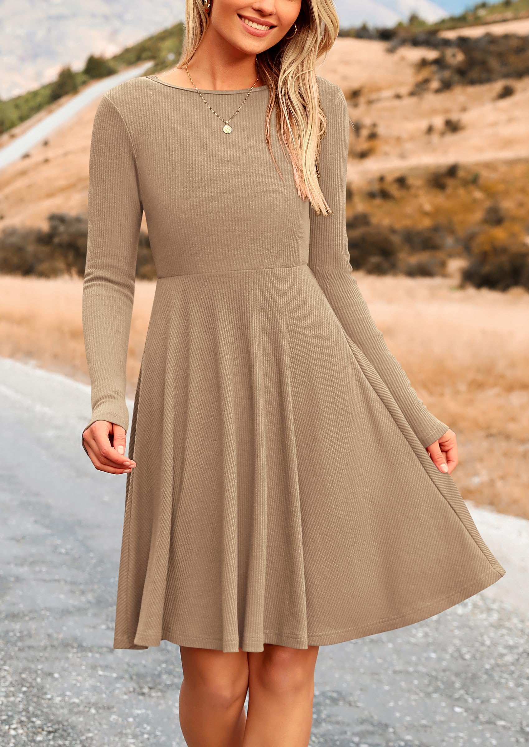 PRETTYGARDEN Women's Spring Fall Short Dress Ribbed Knit Crewneck Long Sleeve A Line Flowy Casual Elegant Going Out Dresses