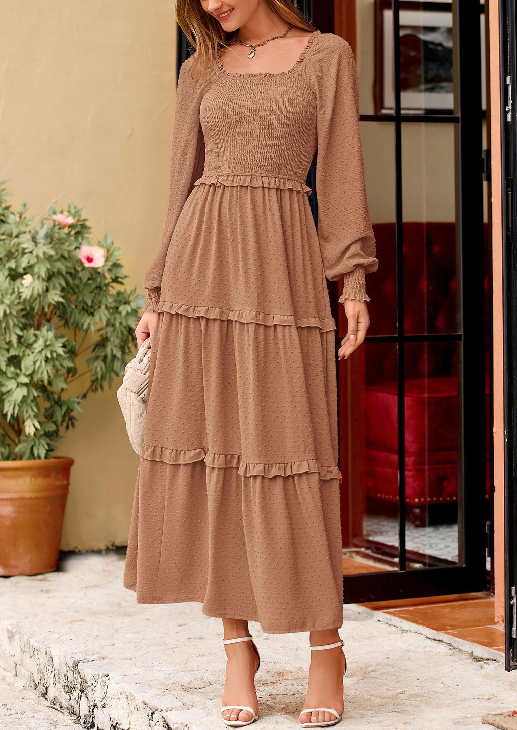 PRETTYGARDEN Women Fall Long Sleeve Smocked Maxi Dress Casual Square Neck Swiss Dot Tiered Ruffle Flowy Spring Pocket Dresses