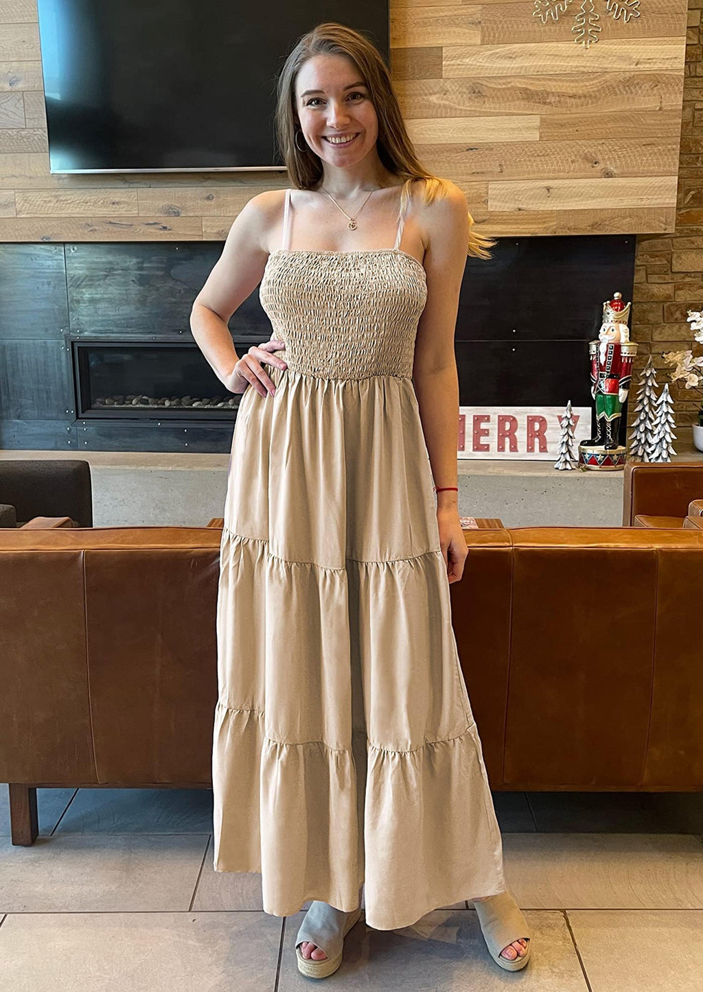 PRETTYGARDEN Women's Summer Maxi Dress Casual Boho Sleeveless Spaghetti Strap Smocked Tiered Long Beach Sundresses