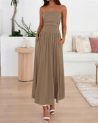 BTFBM Summer Maxi Dresses for Women Strapless Ruched Tube Top Beach Vacation Spring Wedding Guest Dress Pockets