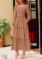 PRETTYGARDEN Women Fall Long Sleeve Smocked Maxi Dress Casual Square Neck Swiss Dot Tiered Ruffle Flowy Spring Pocket Dresses