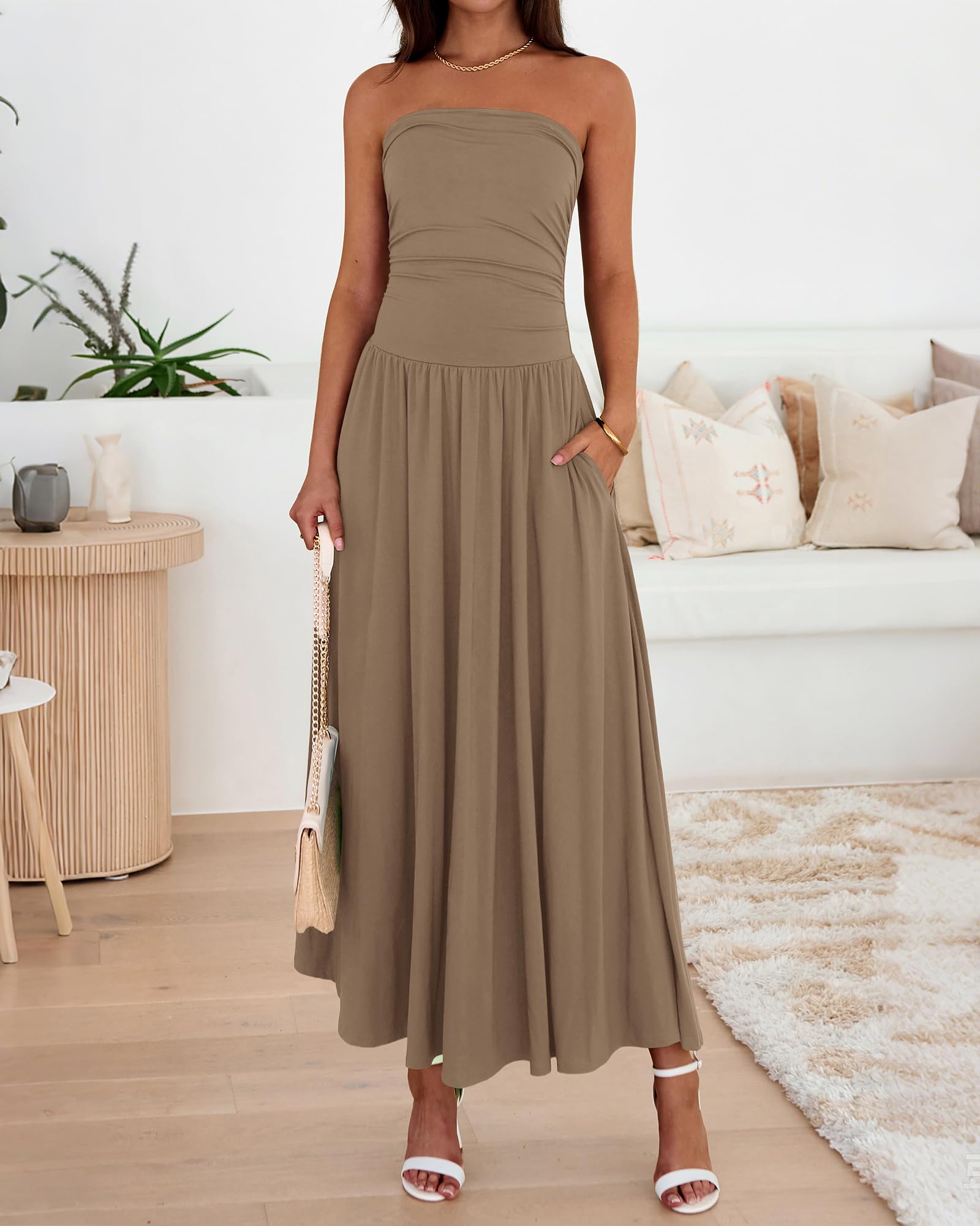 BTFBM Summer Maxi Dresses for Women Strapless Ruched Tube Top Beach Vacation Spring Wedding Guest Dress Pockets