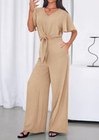 PRETTYGARDEN Women 2 Piece Summer Outfits Short Sleeve Strappy Top Wide Leg Pants Tracksuit Lounge Sets Beach Clothes