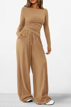 PRETTYGARDEN Women's 2 Piece Lounge Sets Asymmetrical Long Sleeve T Shirt Wide Leg Pants Casual Outfits Tracksuit