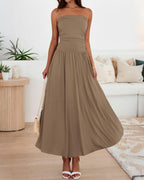 BTFBM Summer Maxi Dresses for Women Strapless Ruched Tube Top Beach Vacation Spring Wedding Guest Dress Pockets