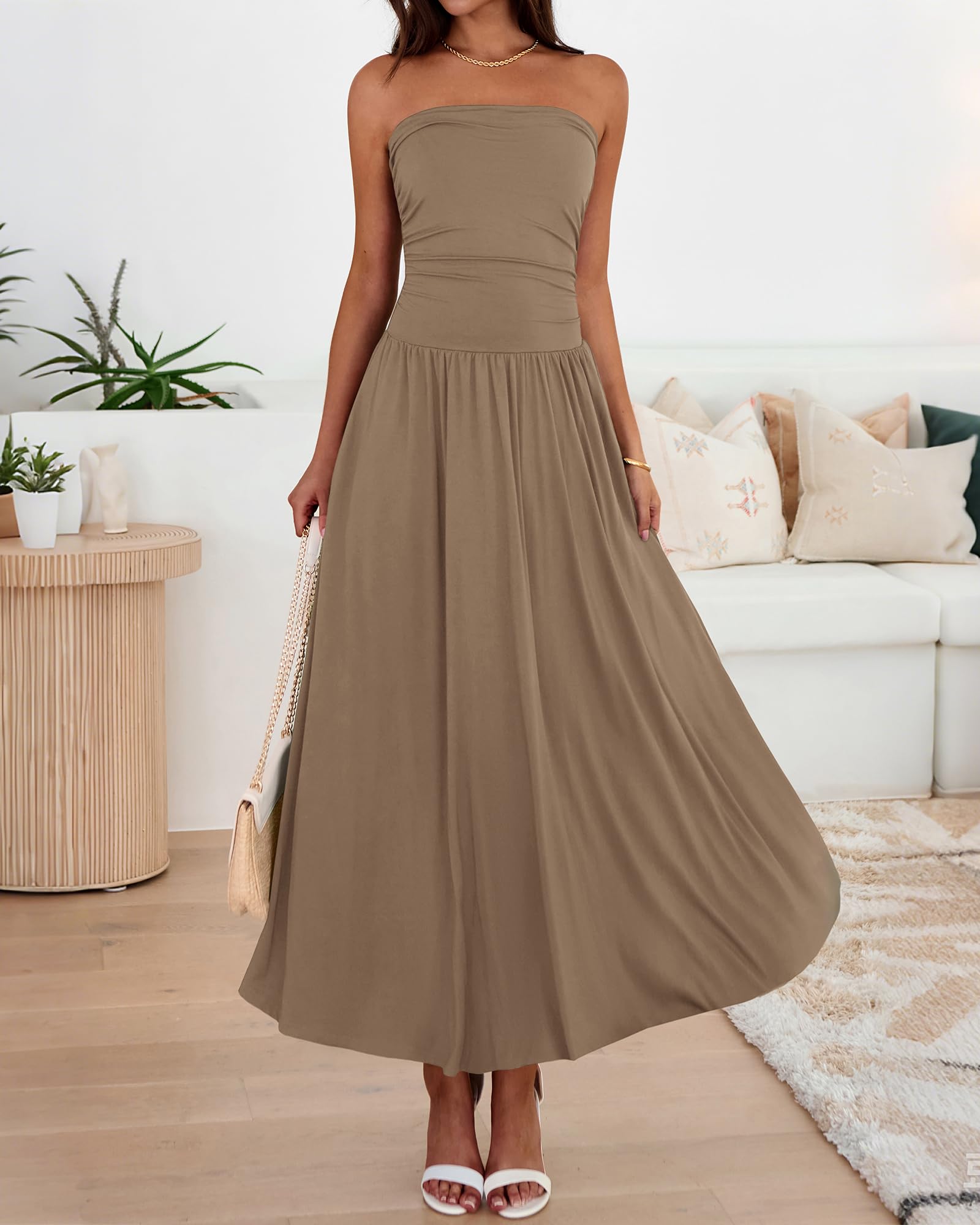 BTFBM Summer Maxi Dresses for Women Strapless Ruched Tube Top Beach Vacation Spring Wedding Guest Dress Pockets