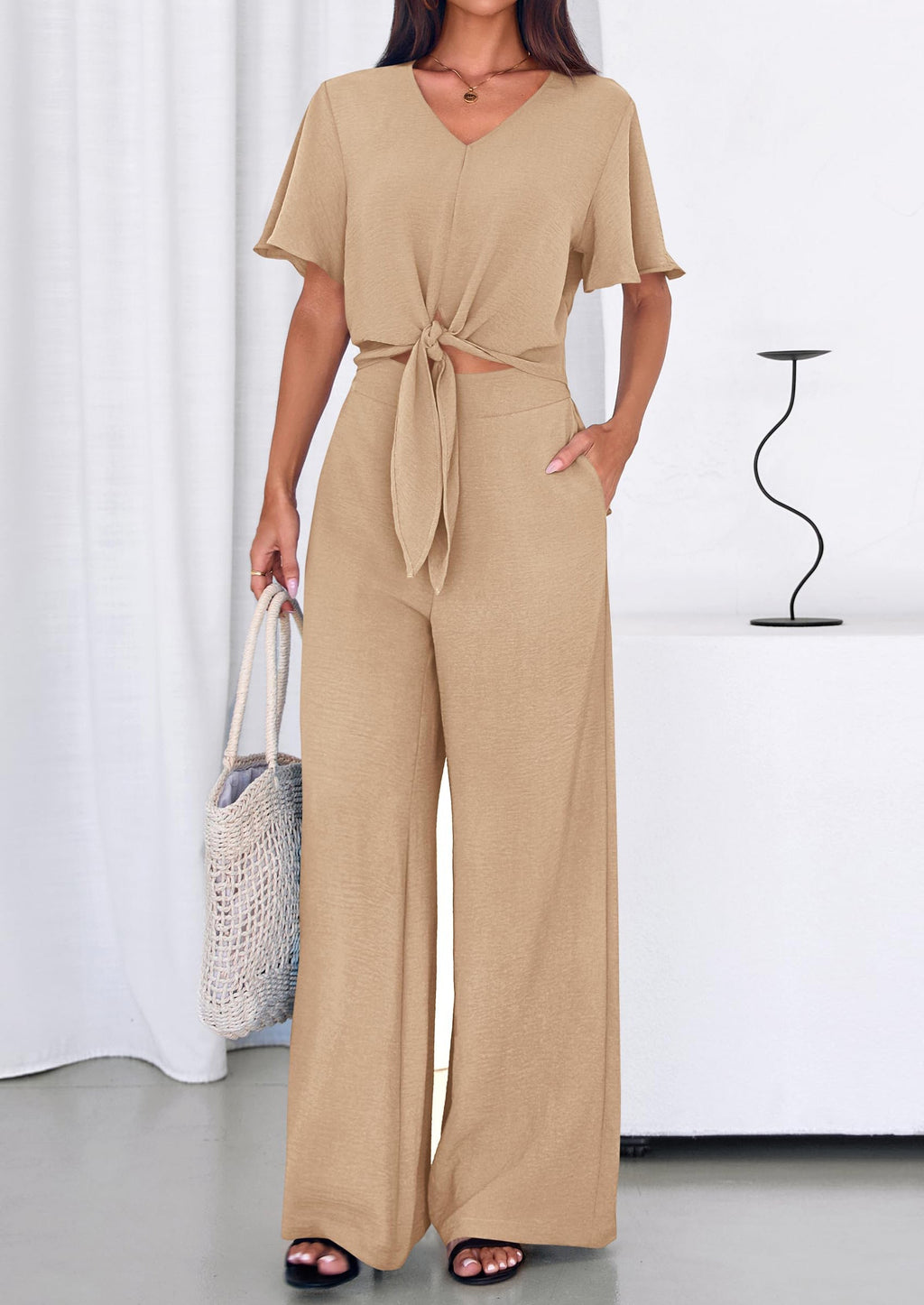 PRETTYGARDEN Women 2 Piece Summer Outfits Short Sleeve Strappy Top Wide Leg Pants Tracksuit Lounge Sets Beach Clothes