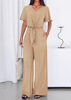PRETTYGARDEN Women 2 Piece Summer Outfits Short Sleeve Strappy Top Wide Leg Pants Tracksuit Lounge Sets Beach Clothes