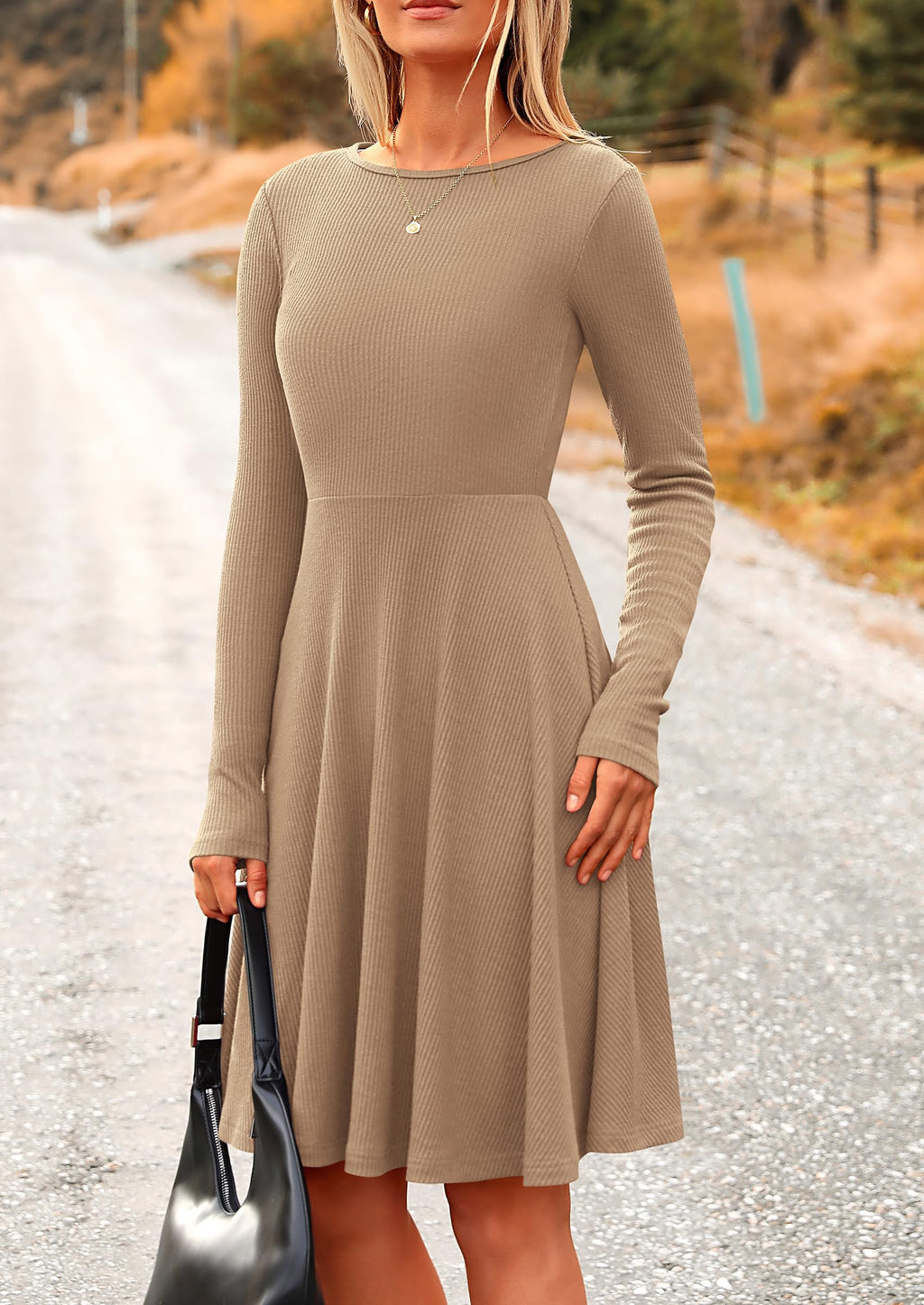 PRETTYGARDEN Women's Spring Fall Short Dress Ribbed Knit Crewneck Long Sleeve A Line Flowy Casual Elegant Going Out Dresses