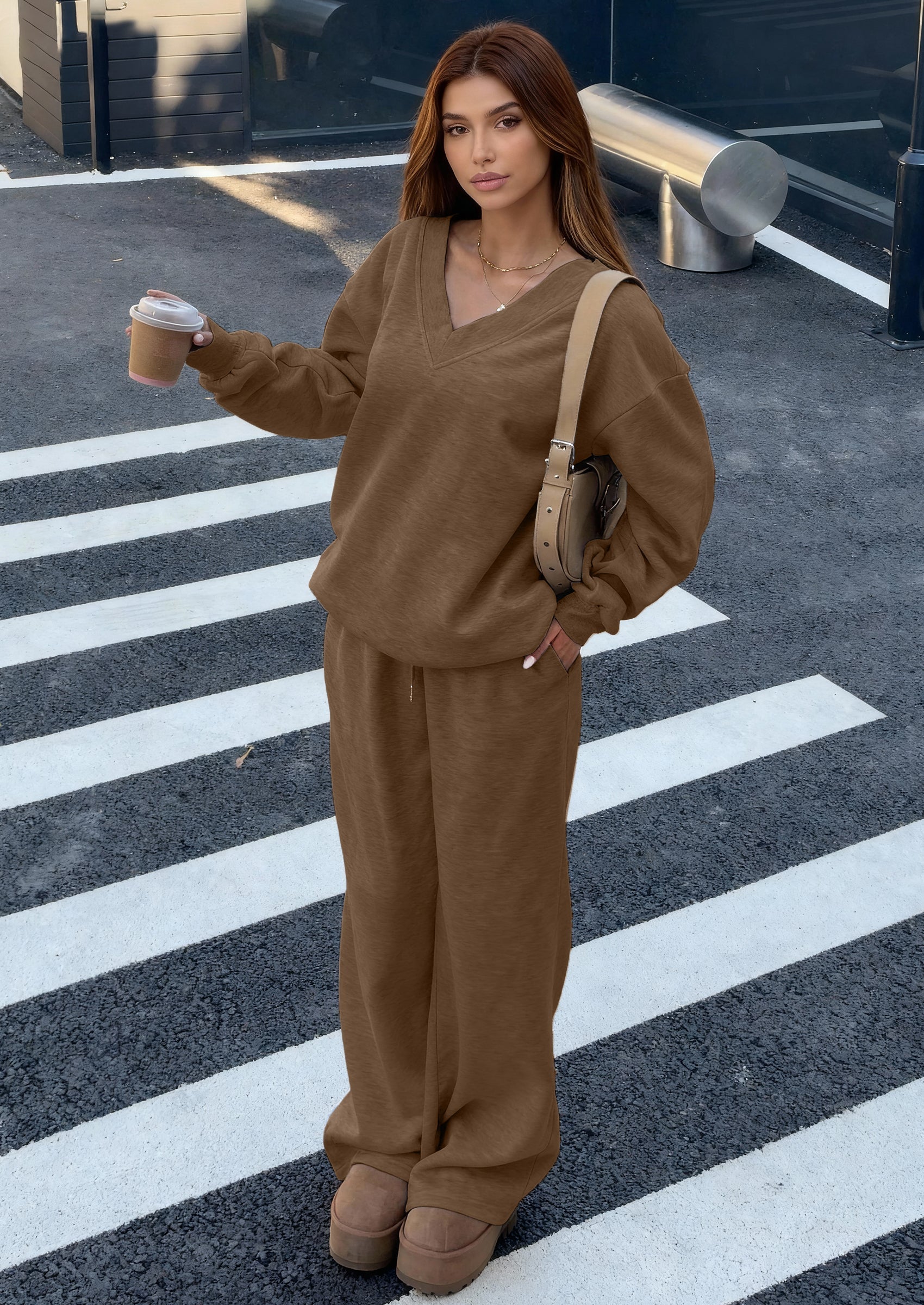PRETTYGARDEN Casual Winter Two Piece Sets for Women V Neck Sweatshirt Loose Wide Leg Pants Tracksuit Knit Fall Outfits