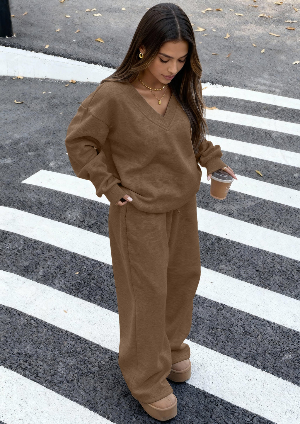 PRETTYGARDEN Casual Winter Two Piece Sets for Women V Neck Sweatshirt Loose Wide Leg Pants Tracksuit Knit Fall Outfits