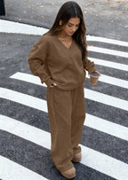 PRETTYGARDEN Casual Winter Two Piece Sets for Women V Neck Sweatshirt Loose Wide Leg Pants Tracksuit Knit Fall Outfits