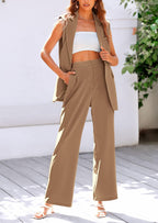 PRETTYGARDEN Women's 2 Piece Outfits Sleeveless Suit Vest and Wide Leg Pants Business Casual Blazer Sets