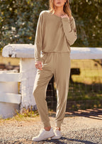 PRETTYGARDEN Women's Fall 2 Piece Lounge Set Long Sleeve Tops Ribbed Pants Spring Matching Sweatsuit Travel Outfits Clothes