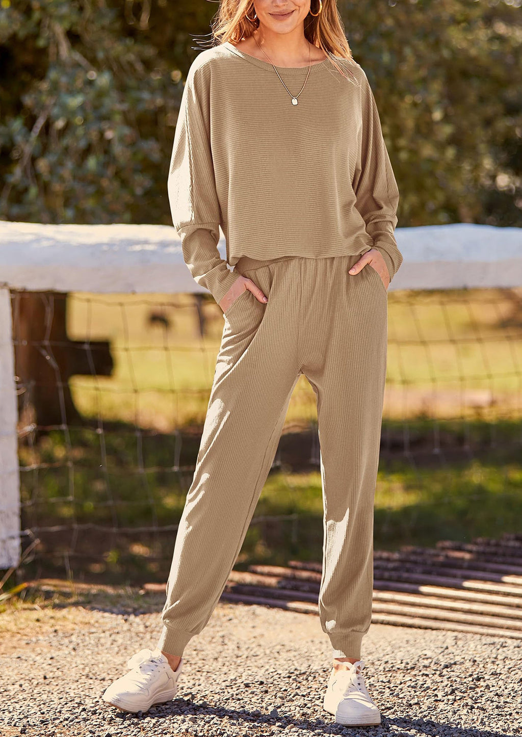 PRETTYGARDEN Women's Fall 2 Piece Lounge Set Long Sleeve Tops Ribbed Pants Spring Matching Sweatsuit Travel Outfits Clothes