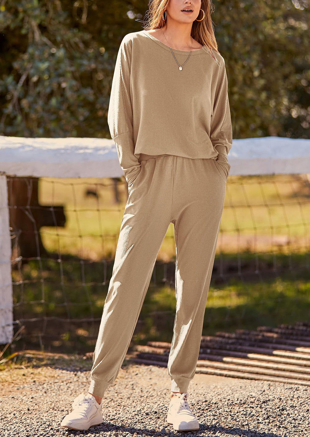 PRETTYGARDEN Women's Fall 2 Piece Lounge Set Long Sleeve Tops Ribbed Pants Spring Matching Sweatsuit Travel Outfits Clothes
