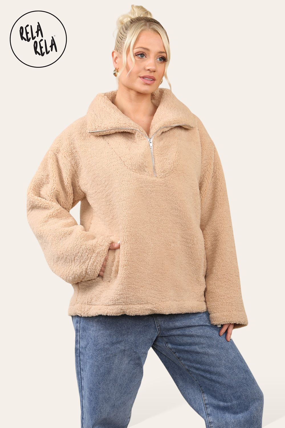 Teddy Fleece Funnel Neck Half Zip Outerwear Winter Jacket in Camel