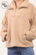 Teddy Fleece Funnel Neck Half Zip Outerwear Winter Jacket in Camel