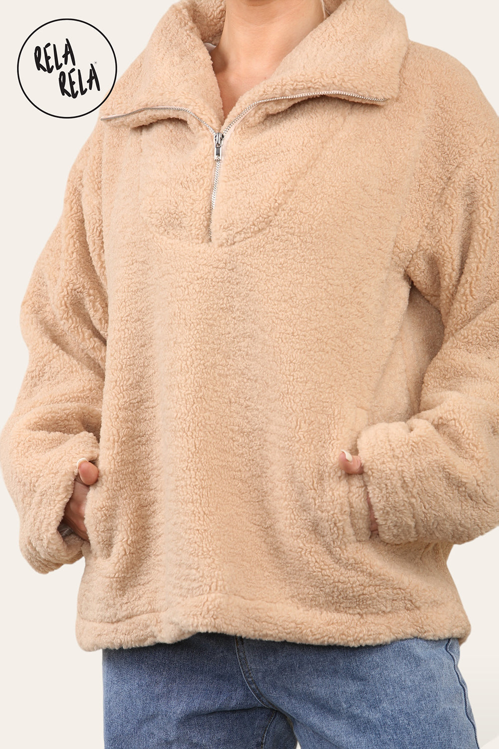 Teddy Fleece Funnel Neck Half Zip Outerwear Winter Jacket in Camel