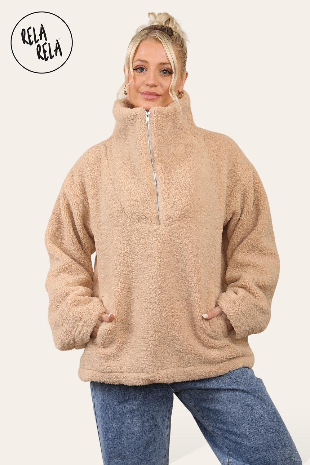 Teddy Fleece Funnel Neck Half Zip Outerwear Winter Jacket in Camel