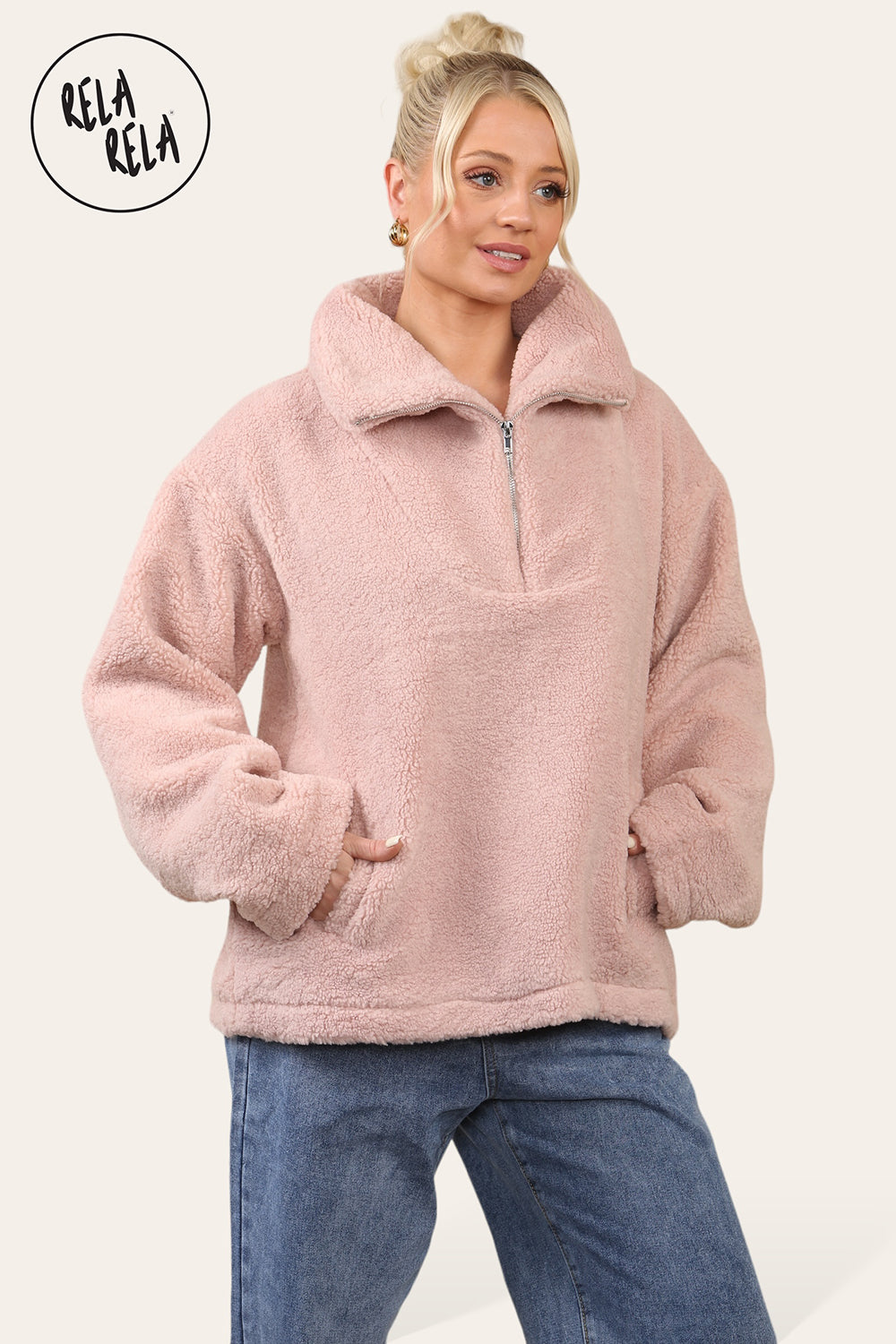 Teddy Fleece Funnel Neck Half Zip Outerwear Winter Jacket in Rose Pink