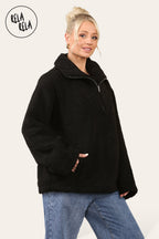 Teddy Fleece Funnel Neck Half Zip Outerwear Winter Jacket in Black