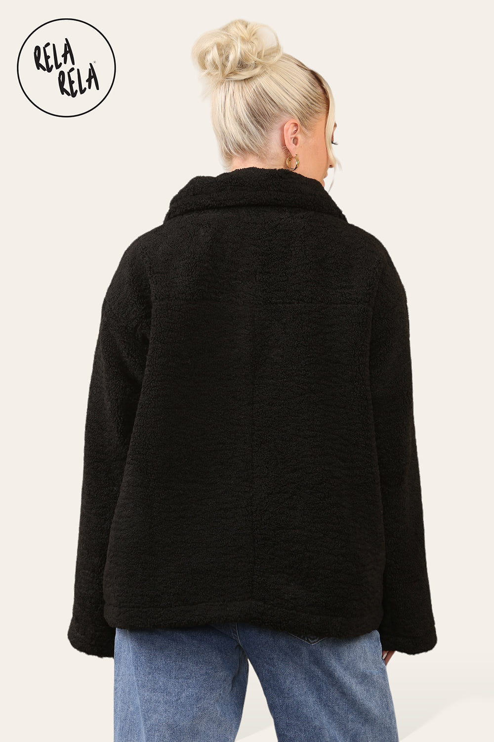 Teddy Fleece Funnel Neck Half Zip Outerwear Winter Jacket in Black