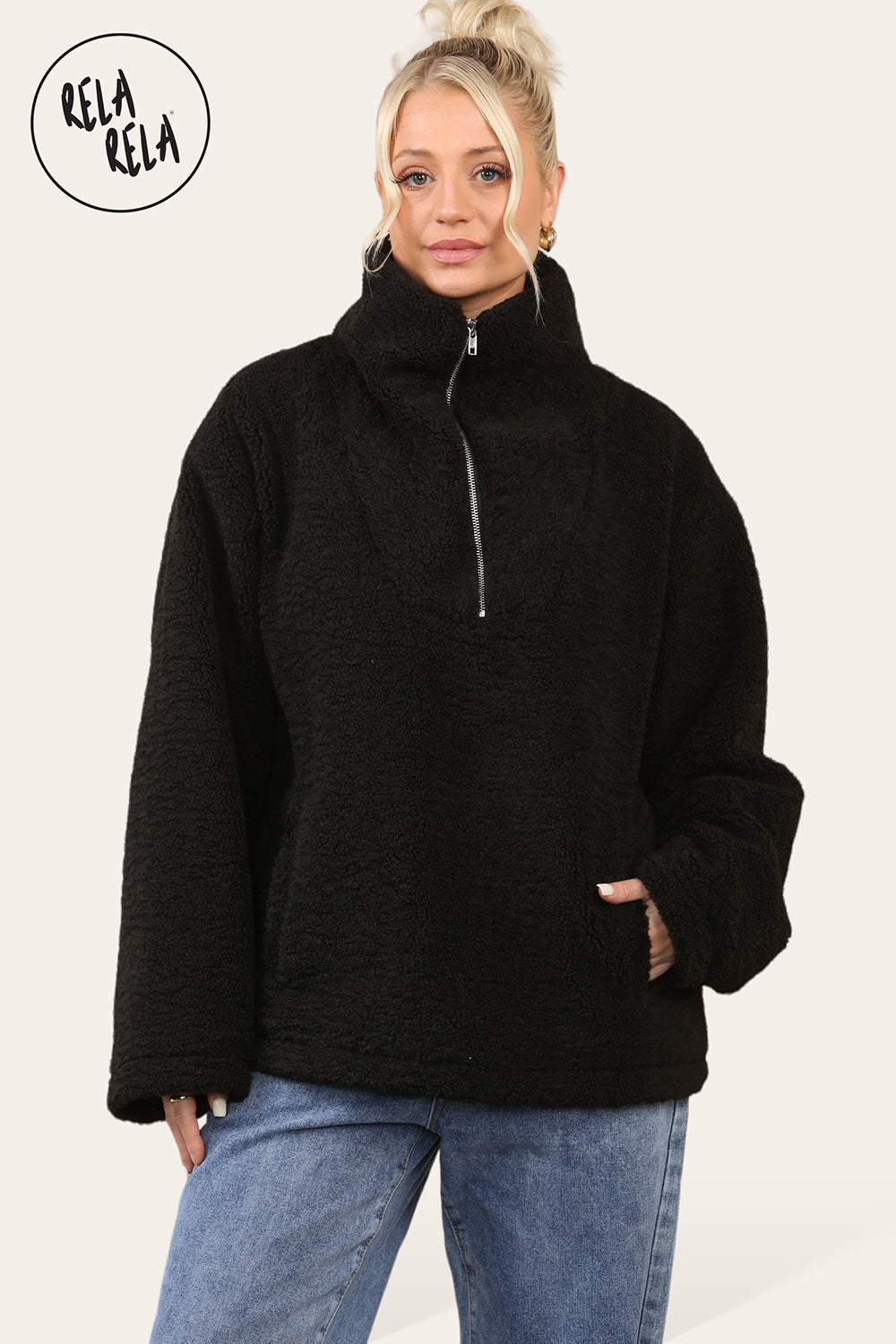 Teddy Fleece Funnel Neck Half Zip Outerwear Winter Jacket in Black