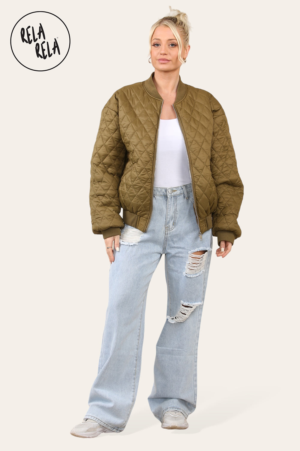 Cropped Quilted Oversize Bomber Jacket Winter Jacket in Khaki