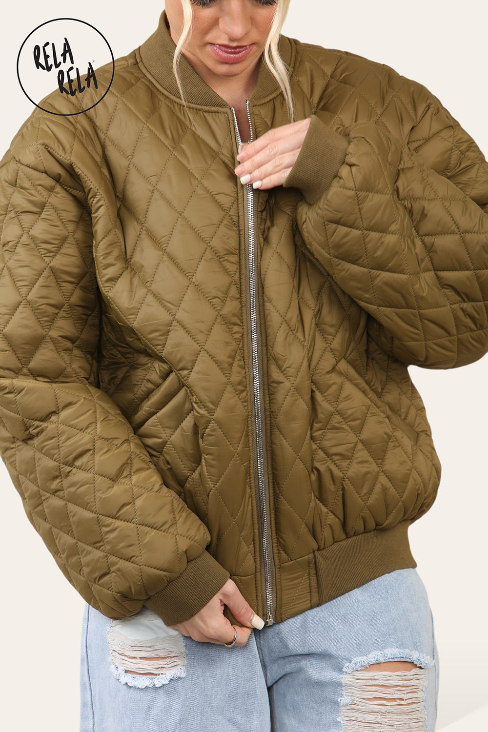 Cropped Quilted Oversize Bomber Jacket Winter Jacket in Khaki