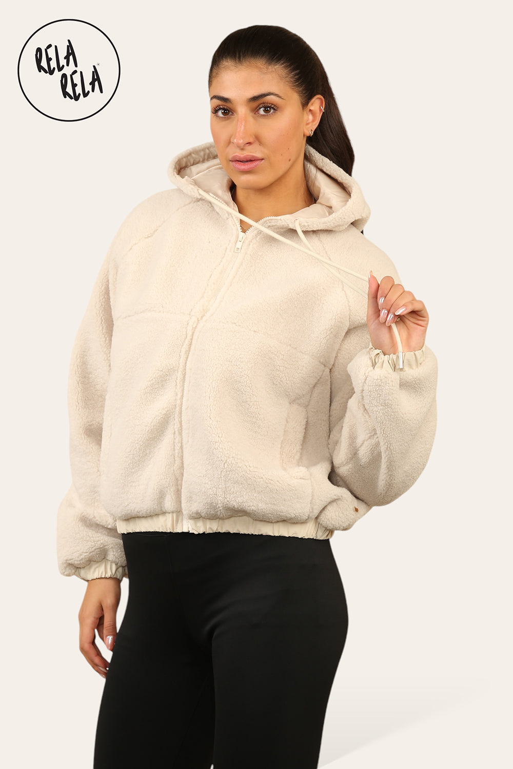 Teddy Fleece Zip Up Hooded Boxy Jacket for Winter in Cream