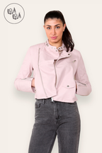 Faux Leather Biker Jacket Padded Shoulder Outwear Coat in Pink