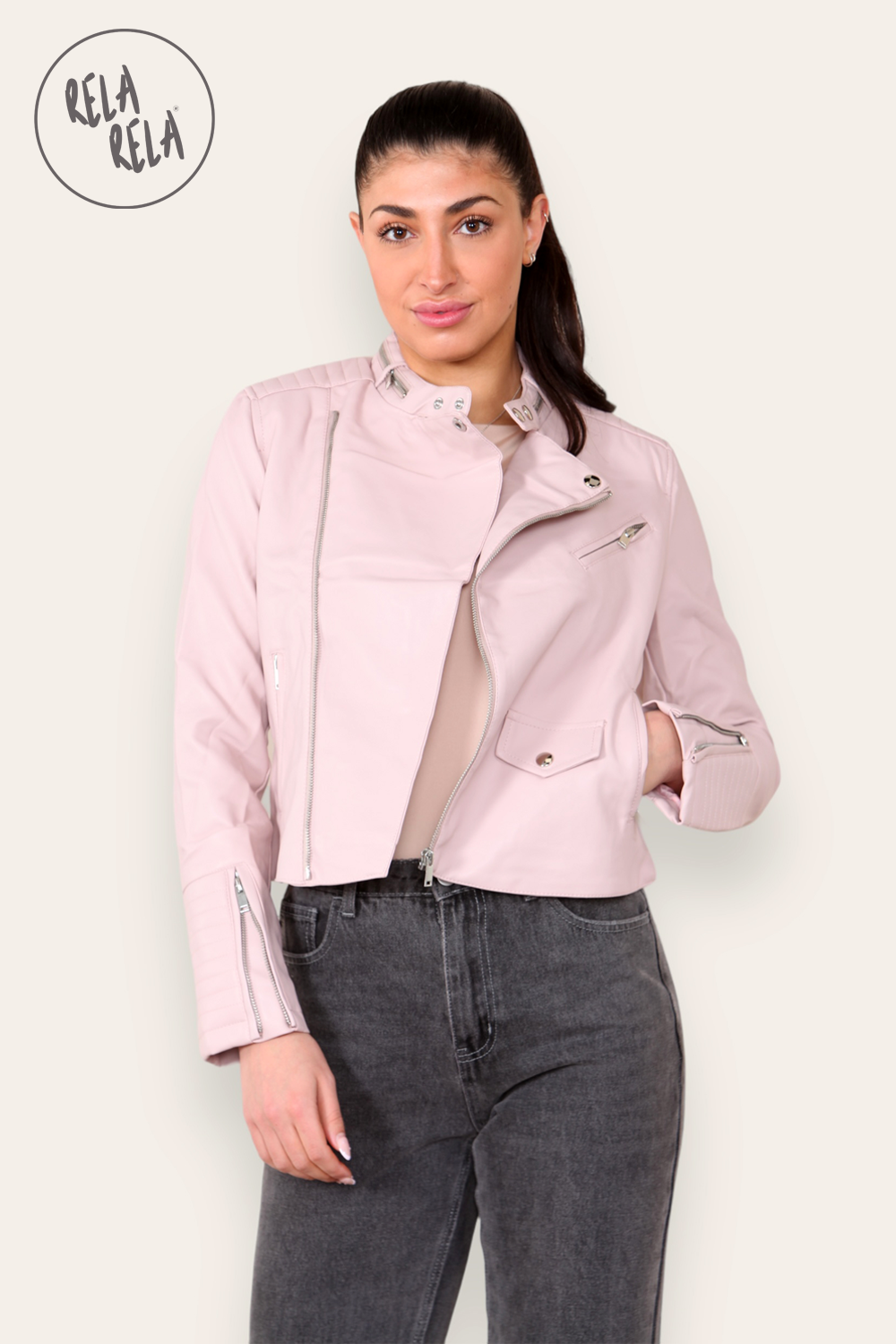 Faux Leather Biker Jacket Padded Shoulder Outwear Coat in Pink