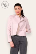 Faux Leather Biker Jacket Padded Shoulder Outwear Coat in Pink