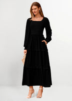PRETTYGARDEN Women Fall Long Sleeve Smocked Maxi Dress Casual Square Neck Swiss Dot Tiered Ruffle Flowy Spring Pocket Dresses