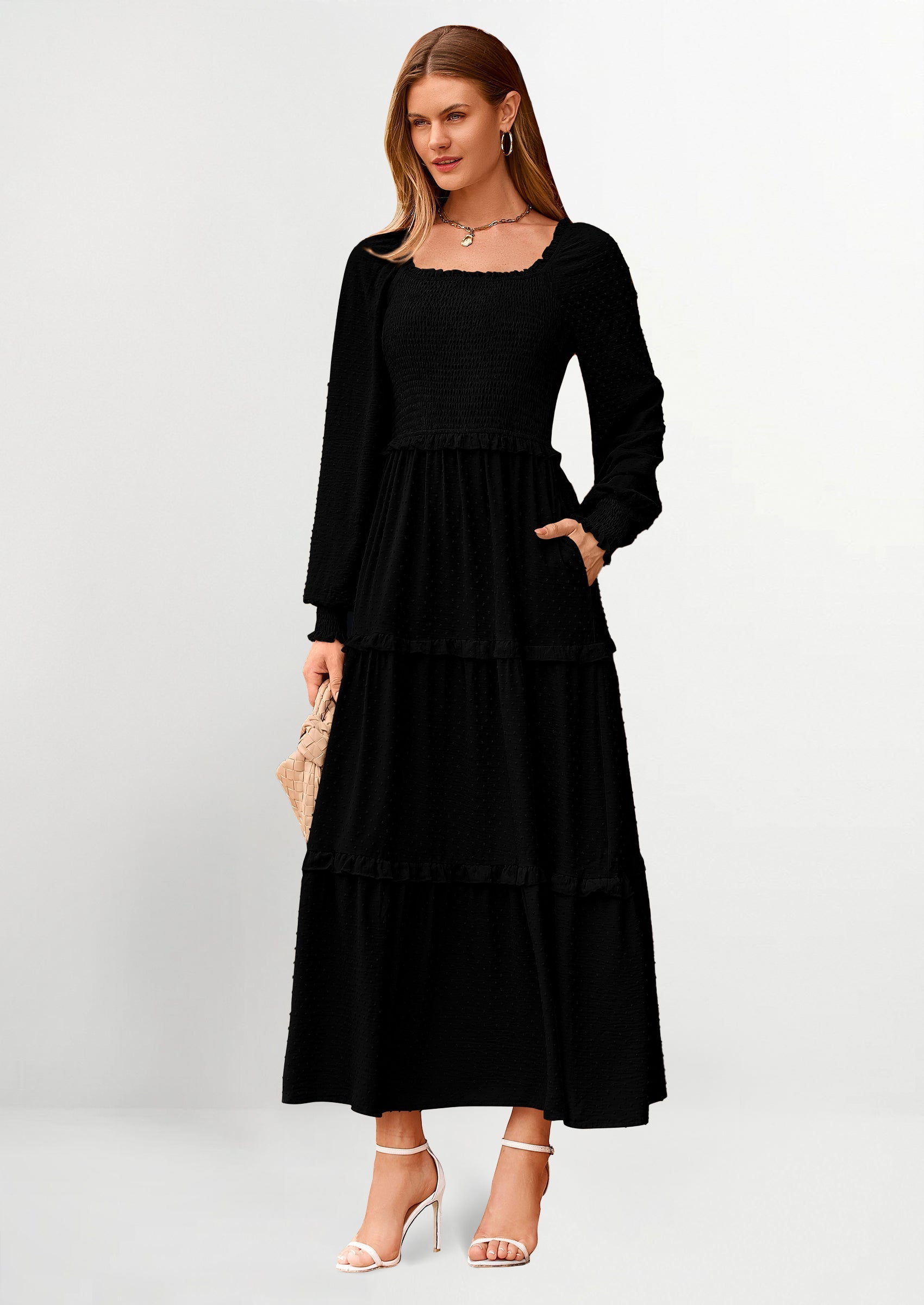 PRETTYGARDEN Women Fall Long Sleeve Smocked Maxi Dress Casual Square Neck Swiss Dot Tiered Ruffle Flowy Spring Pocket Dresses