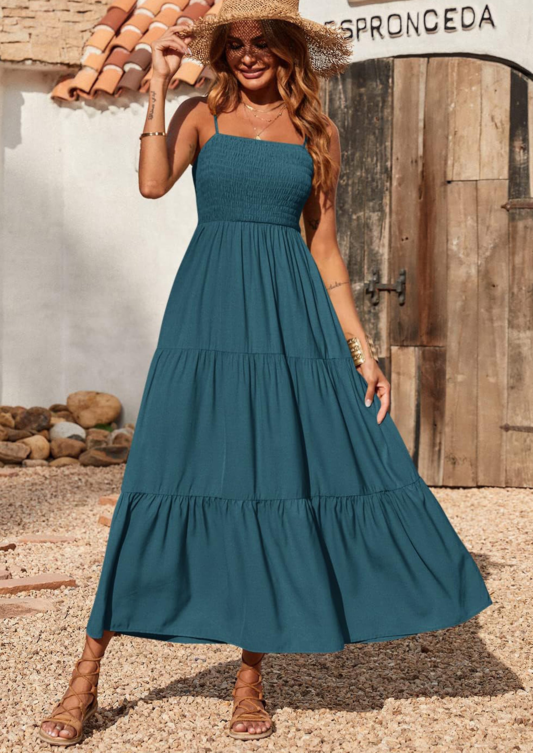 PRETTYGARDEN Women's Summer Maxi Dress Casual Boho Sleeveless Spaghetti Strap Smocked Tiered Long Beach Sundresses