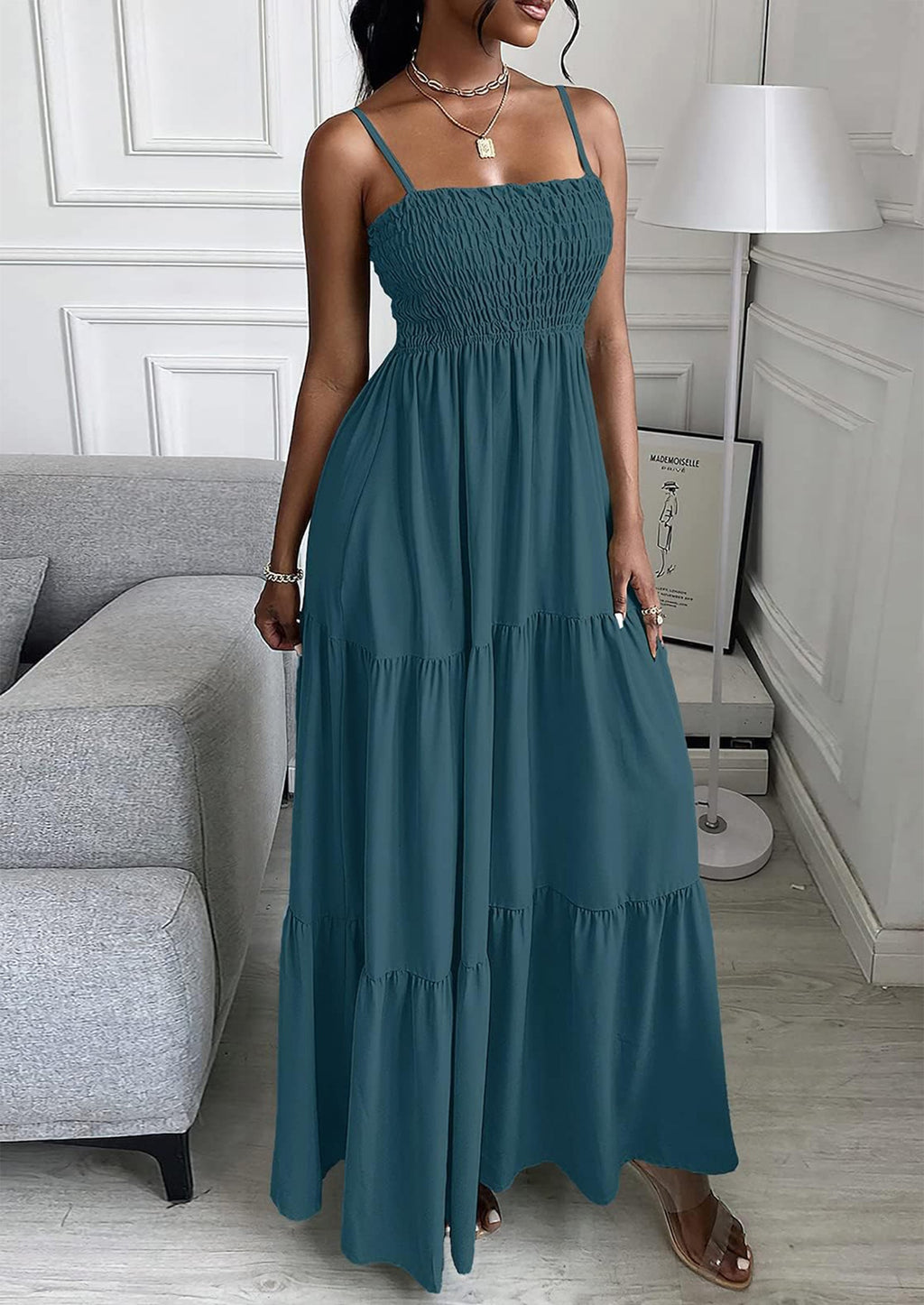 PRETTYGARDEN Women's Summer Maxi Dress Casual Boho Sleeveless Spaghetti Strap Smocked Tiered Long Beach Sundresses
