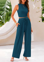 PRETTYGARDEN 2 Piece Sets Sleeveless Tank Ribbed Travel Vacation Lounge Wear Outfits