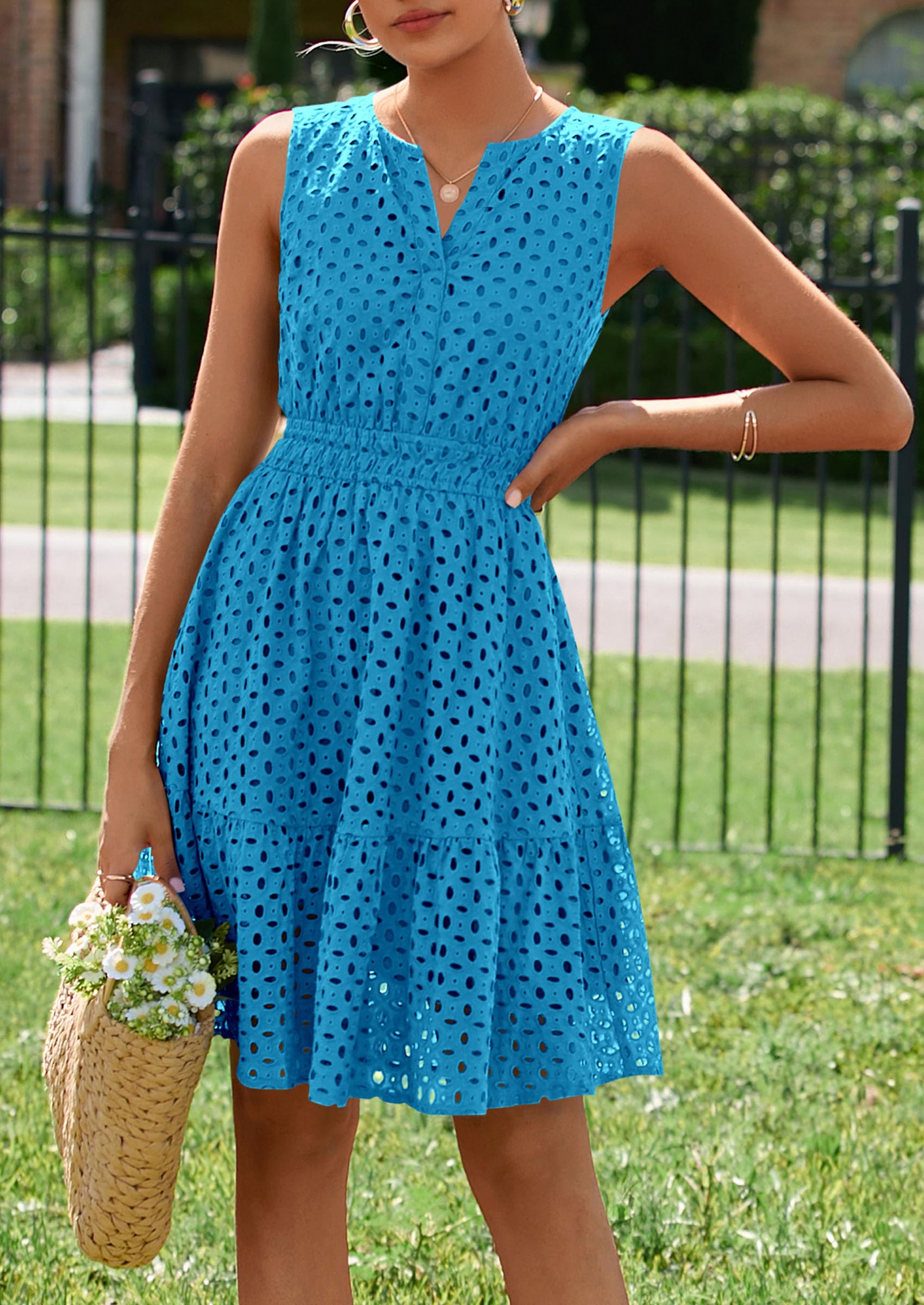 PRETTYGARDEN Women's Summer Dresses Sleeveless V Neck Eyelet Hollow Out Swing A Line Beach Vacation Sun Dress