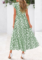 PRETTYGARDEN Women's Summer Floral Midi Dress Cap Sleeve V Neck Ruffle Long Flowy Boho Casual Beach Vacation Dresses